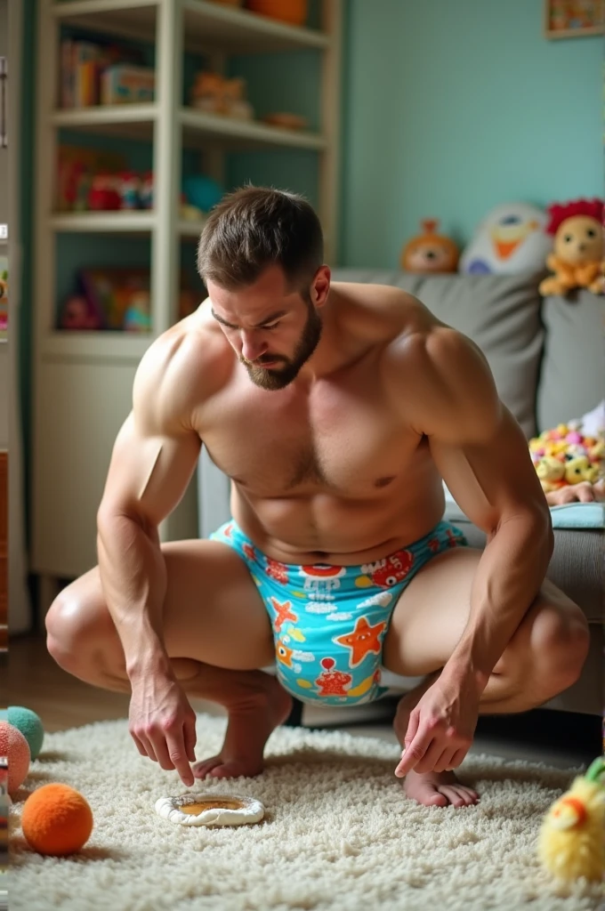 Muscular man, wearing diaper, car cartoon diaper, messy diaper, looks sadly, background: living room, , crouch on the ground,leaking pee, seaart infinity art