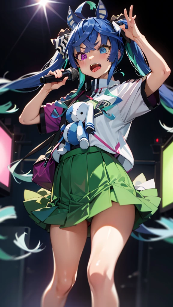 (​masterpiece,top-quality,hight resolution,Unity 8k,extremely details CG,Best Picture),Color illustration in the style of asanagi,live stage,perfect lighting,Tongue out,Twin_Turbo_Umamusume,(aqua hair, twintails, Uniform, stuffed toy, stuffed animal, green skirt, bag, teddy bear, heterochromia, purple eyes, blue eyes, sharp teeth),Yelling into the microphone,provocative pose, noise removal,