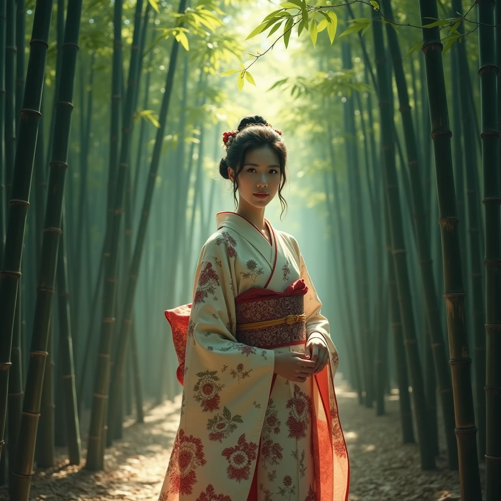 A beautiful young woman wearing a traditional Japanese kimono, bamboo forest, detailed Japanese ink painting, cinematic lighting, dramatic shadows, muted color palette, atmospheric, serene, tranquil, photorealistic, 8k, highly detailed, masterpiece