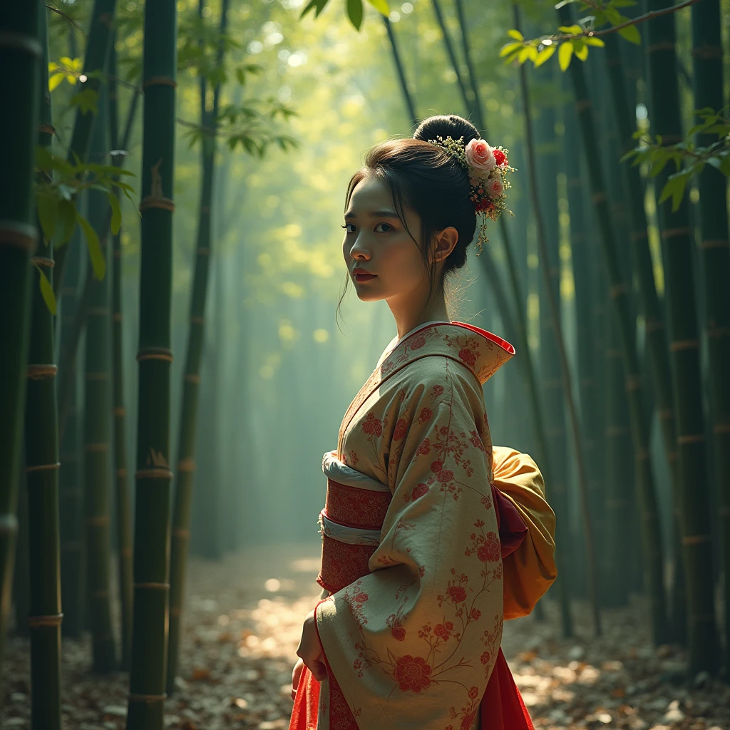A beautiful young woman wearing a traditional Japanese kimono, bamboo forest, detailed Japanese ink painting, cinematic lighting, dramatic shadows, muted color palette, atmospheric, serene, tranquil, photorealistic, 8k, highly detailed, masterpiece