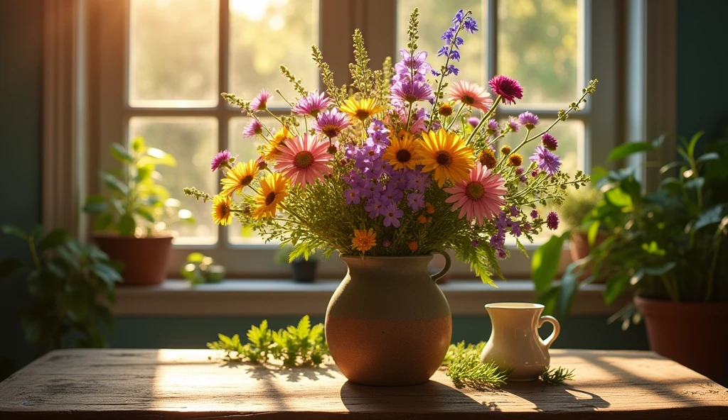 Golden Hour Bouquet: Still life with wildflowers bathed in warm, golden light, evoking a cozy and inviting atmosphere.