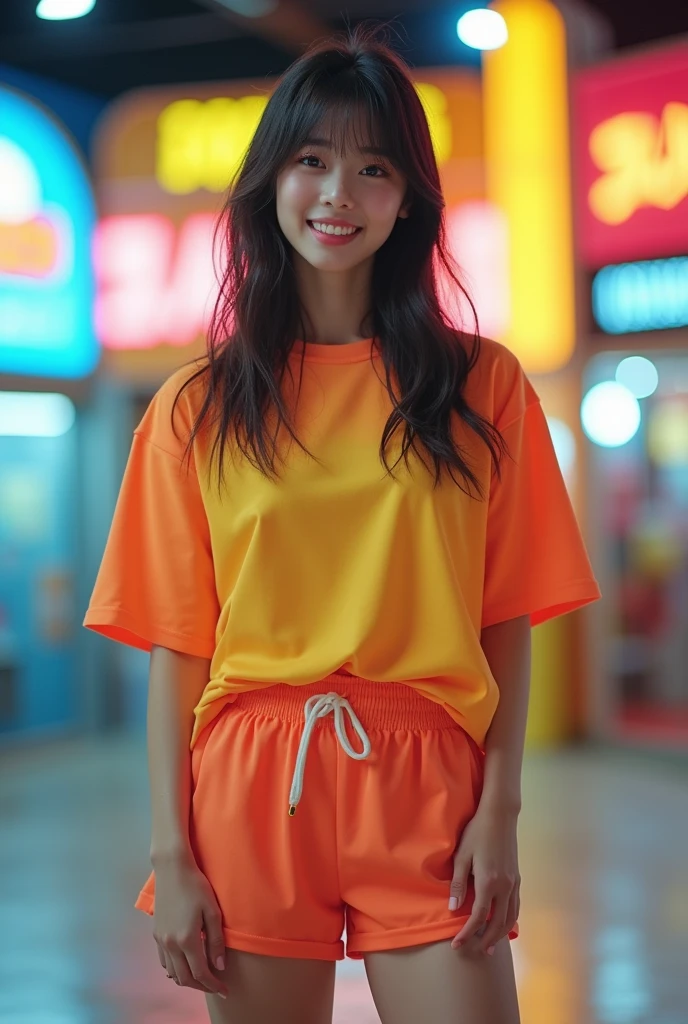 (Highest quality),8k,(masterpiece:1.3),(1 person:1.3),Beautiful woman with perfect figure:1.3, (Layered Hairstyles, Big Breasts:1.33), ((Displaying the viewer)), (Big smile:1.1),Realistic,High resolution,Highly detailed face and skin texture, Realistic faces, Original photo, ((Beautiful Face:1.5)) ,Cute Korean, K-Pop Idols,Perfect Body Proportions,Whitening the skin, Glowing Skin, ((Tight waist:1.4)), (Small Ass), (Very slim muscular body:1.2), ((Highly detailed face)),Attention to detail,double eyelid,Eyeshadow Enhancement,Attention to detail,Professional Lighting,Cinema Lighting, (Sharpen the focus), (((Sporty style))), ((Light, Light-colored clothing)),((Brightly colored T-shirts,Short skirt)), ((Vibrant,Active,Liveliness)), ((panties)), ((Exposing your thighs)), (erotic:1.6), (((Short skirt that wraps around the hips))),Indoors