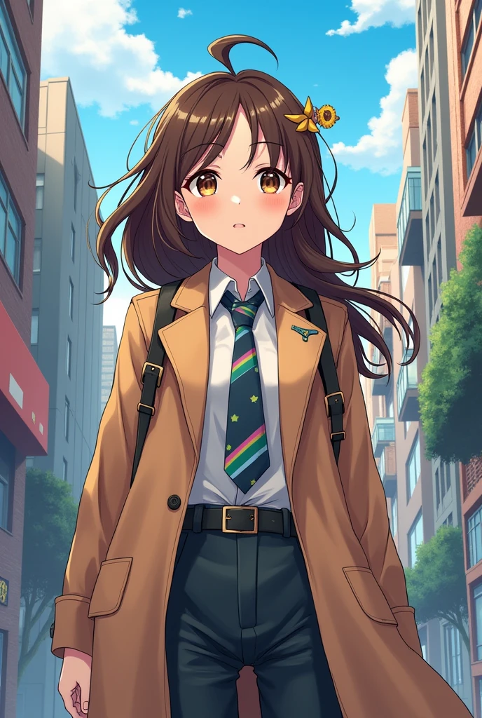 White woman with brown hair in a brown coat and anime uniform 