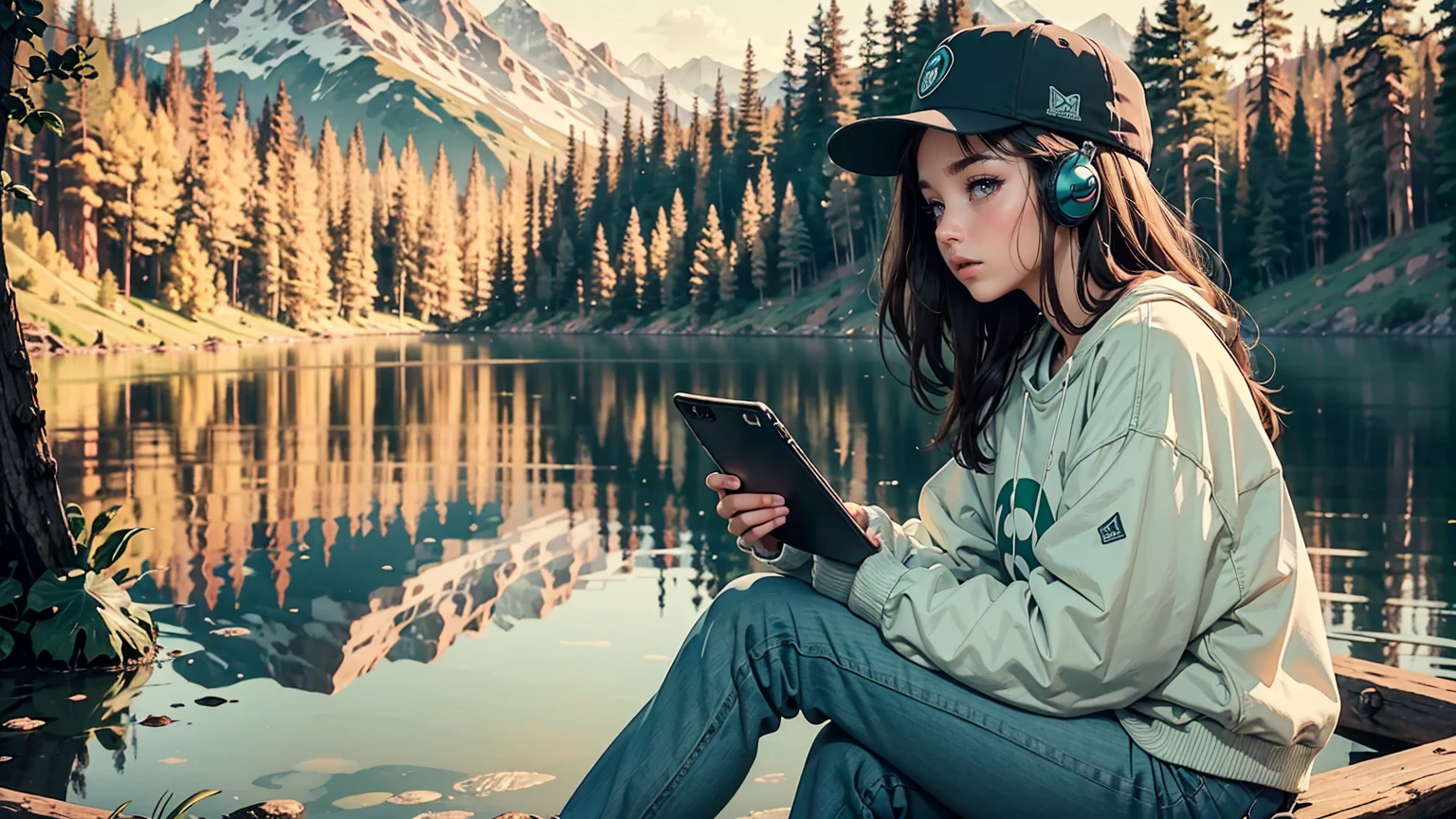 Young woman in scenic nature, listening to chill playlist. Overlooking serene lake surrounded by lush green forests. She wears a white sweatshirt with 'SLEEP' logo, blue baseball cap, and black jeans. Large headphones on, adjusting with one hand. Other hand holds smartphone. Long brown hair visible under cap. Casual, relaxed pose. Foreground shows some leafy plants. Background: tranquil water and tree-covered hills. Soft, natural lighting