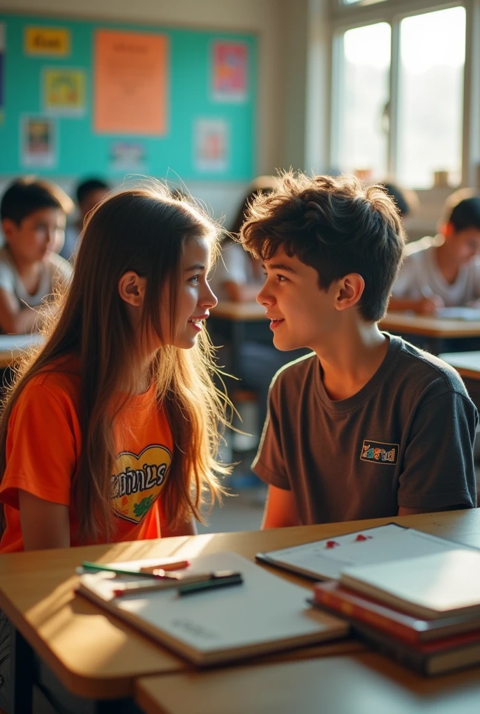 A girl and boy in school in class room shocked 😲 to see each other and girl wear a t shirt named Zahra and boy wear a t shirt named Asad