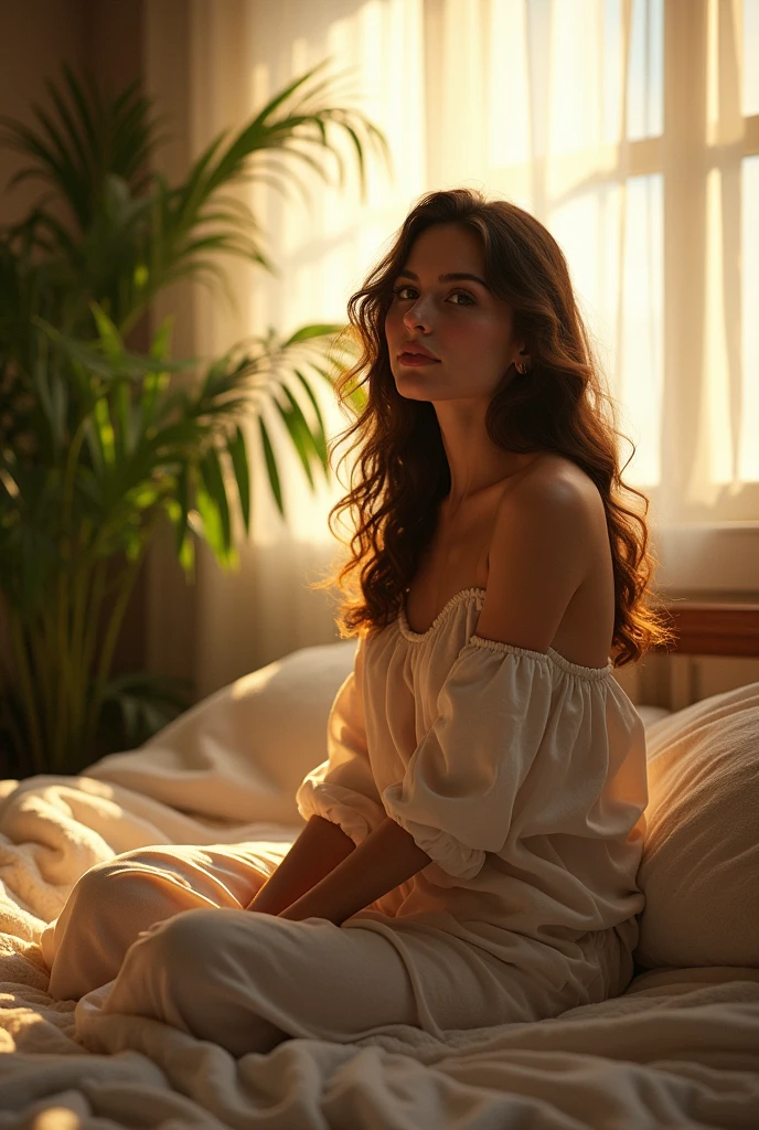 (photorealism:1.2), beautiful woman, sitting on bed, wearing loose off-shoulder top, pajama pants, long curly hair, indoors, soft lighting, plants in background, window with sunlight, cozy room, relaxed pose, realistic, intricate details, warm colors, by Greg Rutkowski, by Alphonse Mucha