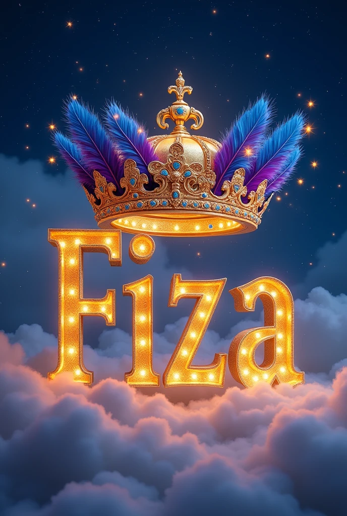 Aliyan fiza écrit de grande taille en or inclure une couronne embellir par des plumes et des étoiles