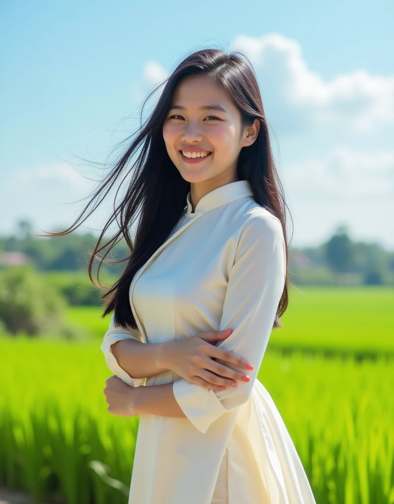 "Create an image of an 18-year-old Asian girl wearing a Vietnamese áo dài. She has a cute and smiling face. The image is full-body, slightly revealing, youthful, and looks realistic."