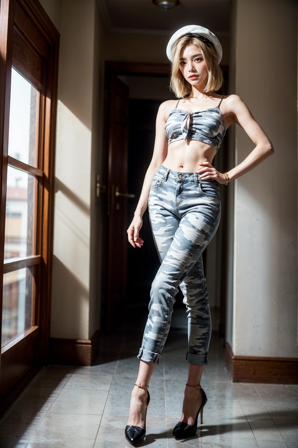(1 woman), (Top Quality at its finest:1.4) (ultra detailed), (extremely detailed CG unified 16k), a beautiful woman with perfect figure: 1.4, sharp focus: 1.2, Very detailed, High definition RAW color photography, Professional photo session, Amazing face and eyes, Cosmetic products, (incredibly beautiful girl), ((From Lambda)), black gray and white tonalities camouflage pattern pants, pink black and white camouflage pattern shirt, pink hat, bare abdomen, standing, sexy posture,(Stylish cityscape, day light), (look from below), realistic cinematic face, Full length, wide remote view., full body long view, photorealistic, ((realistic natural golden blonde hair style, Red eyes, short hair)), gorgeous, extremely beautiful face, perfect model beauty, pout mouth, Very detailed face and skin texture., detailed eyes, double eyelids, big breasts, smile, western film, (masterpiece), Best Quality, High resolution, extremely detailed, blurred background, depth of field, cinematic lighting, amazing legs, High heels, Clear and well-groomed skin, athletic, looking at the viewer, frontal photograph