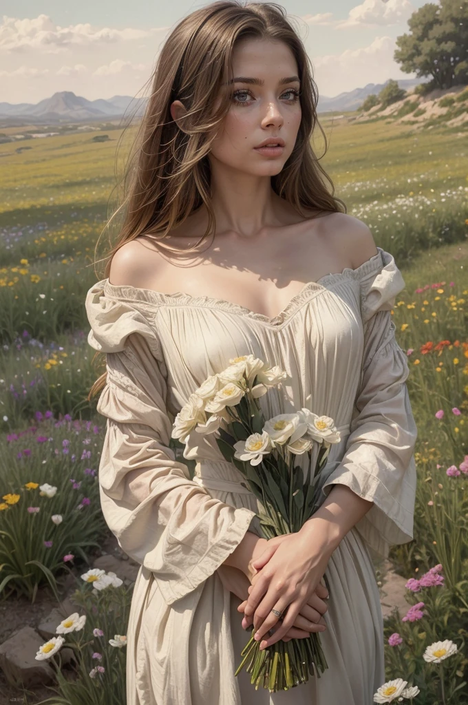 ((Sargent style oil painting))、(highest quality、masterpiece)、soft light、Painting of a woman standing on a hill with flowers in her hands, art of edouard bisson, Krenzkushard, WLOP jeremy lipkin, Inspired by Pierre Auguste Cotto, WLOP painting style, mobius + Reusch + WLOP, Written by Alexander Guinet, Mark Ariane, Inspired by Cynthia Shepherd
