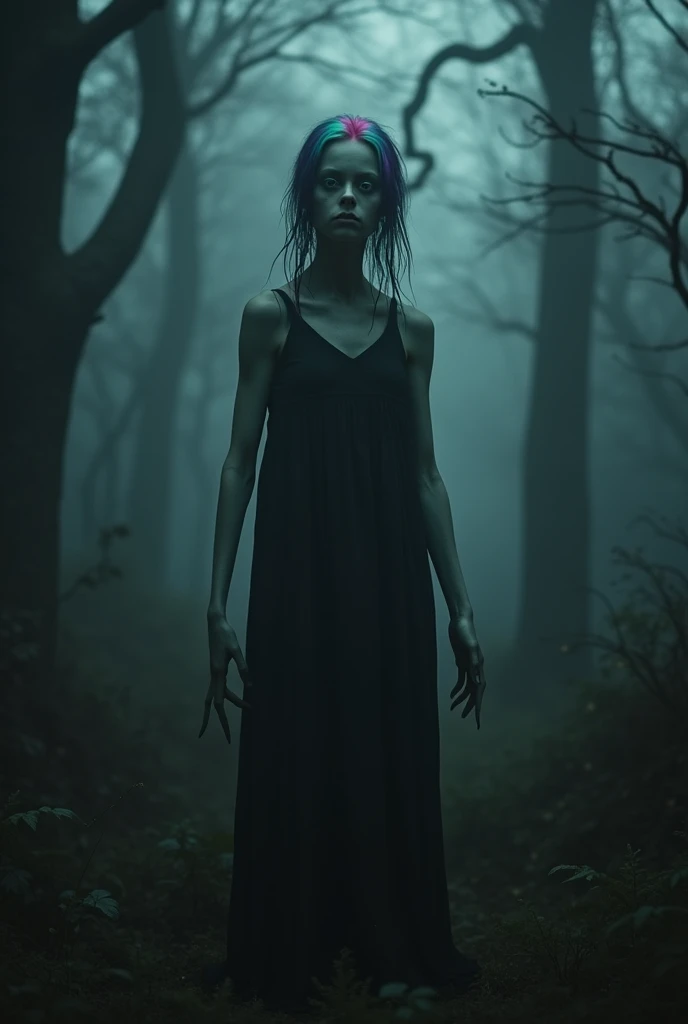 Create a surreal and psychologically unsettling creature that instills fear not because it is terrifying, but due to its uncanny appearance. The creature has the body of a pale girl. The head should be unnervingly realistic, with vibrant, iridescent hair and a slanted eyes that seem to watch with an almost sentient awareness. The body should be slightly distorted in a way that feels unnatural, adding to the discomfort. The creature body partially obscured by the dark robe, should be slightly distorted in a way that feels unnatural, adding to the discomfort. The setting is an eerie, dimly lit forest where the creature is blending into the shadows, creating an unsettling atmosphere that plays on the viewer's mind
