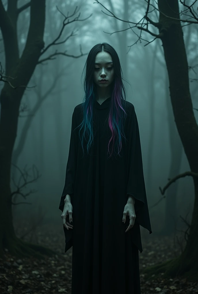 Create a surreal and psychologically unsettling creature that instills fear not because it is terrifying, but due to its uncanny appearance. The creature has the body of a pale girl. The head should be unnervingly realistic, with vibrant, iridescent hair and a slanted eyes that seem to watch with an almost sentient awareness. The body should be slightly distorted in a way that feels unnatural, adding to the discomfort. The creature body partially obscured by the dark robe, should be slightly distorted in a way that feels unnatural, adding to the discomfort. The setting is an eerie, dimly lit forest where the creature is blending into the shadows, creating an unsettling atmosphere that plays on the viewer's mind