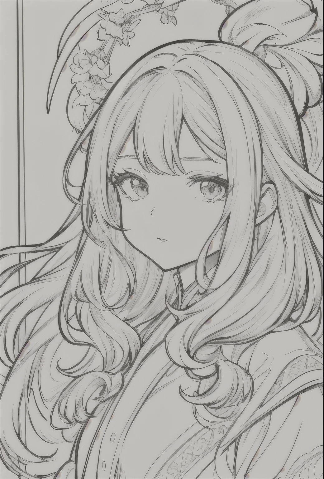 European woman face portrait、Long Curly Hair、blonde、Floral frame、Decorative panel、Abstract Art of Alphonse Mucha、sketch、Character Line、Scenes without color or shadows。 (masterpiece、Highest quality、High resolution:1.4)、detailed、複雑なdetailed、4K、Splashes of color、Line art、Fibonacci、Coloring page, 非常にdetailedなイラスト, 非常にdetailedなLine art, Very fine line work, 非常にdetailedな肖像画, Extremely fine line work, 非常にdetailedなLine art, 非常にdetailedな図面, Line artぬり絵, 非常にdetailedなイラスト.", 非常にdetailedな肖像画, 非常にdetailedなイラスト, 非常にdetailedなアートワーク, detailedなデジタル図面