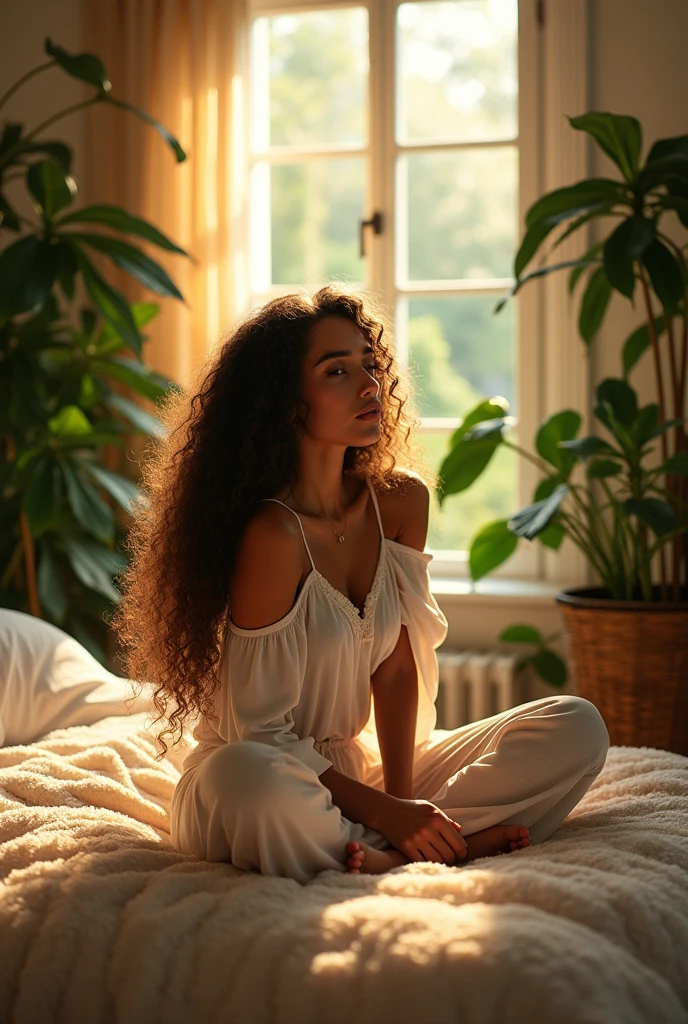 (photorealism:1.2), beautiful woman, sitting on bed, wearing loose off-shoulder top, pajama pants, long curly hair, indoors, soft lighting, plants in background, window with sunlight, cozy room, relaxed pose, realistic, intricate details, warm colors, by Greg Rutkowski, by Alphonse Mucha