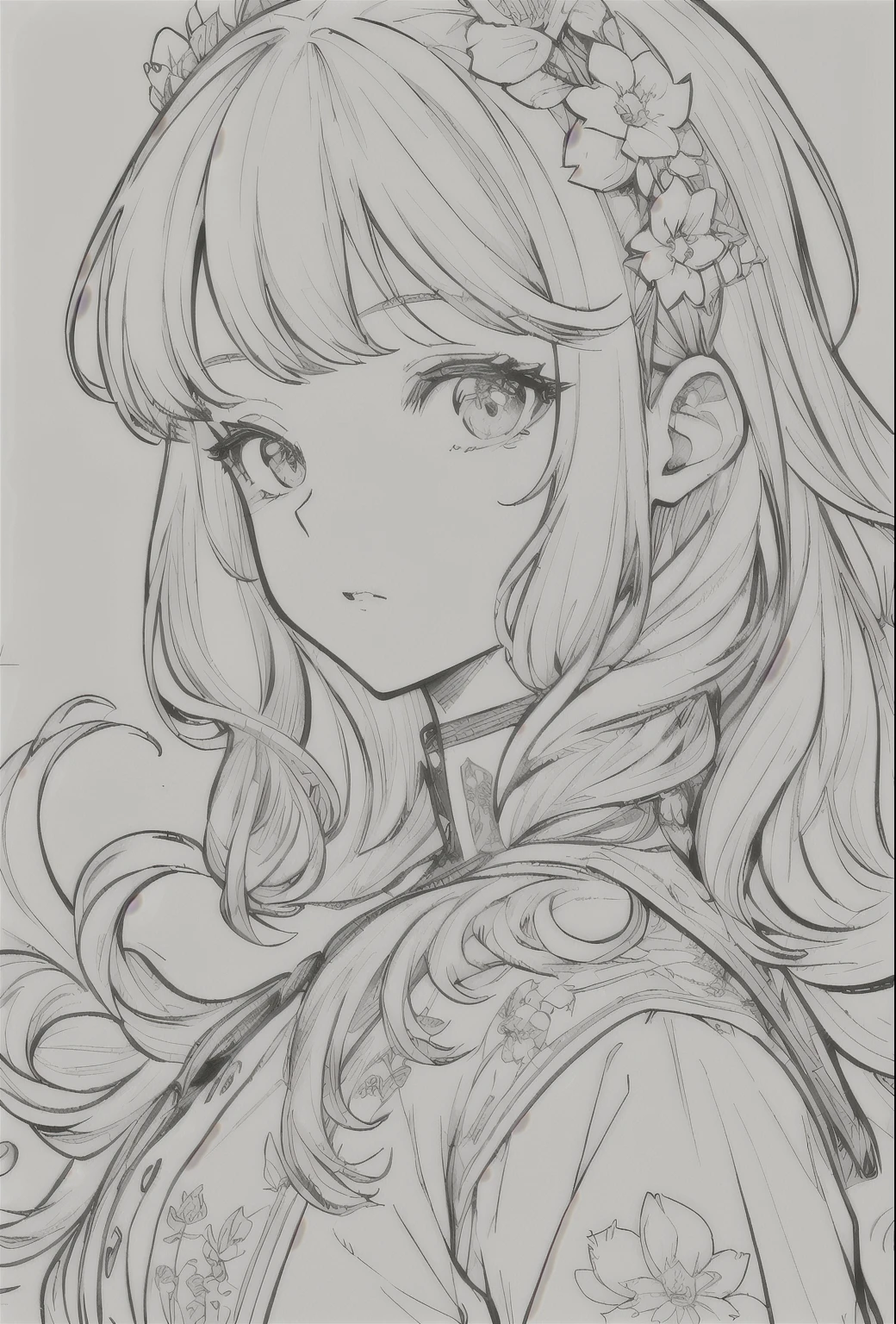 European woman face portrait、Long Curly Hair、blonde、Floral frame、Decorative panel、Abstract Art of Alphonse Mucha、sketch、Character Line、Scenes without color or shadows。 (masterpiece、Highest quality、High resolution:1.4)、detailed、複雑なdetailed、4K、Splashes of color、Line art、Fibonacci、Coloring page, 非常にdetailedなイラスト, 非常にdetailedなLine art, Very fine line work, 非常にdetailedな肖像画, Extremely fine line work, 非常にdetailedなLine art, 非常にdetailedな図面, Line artぬり絵, 非常にdetailedなイラスト.", 非常にdetailedな肖像画, 非常にdetailedなイラスト, 非常にdetailedなアートワーク, detailedなデジタル図面