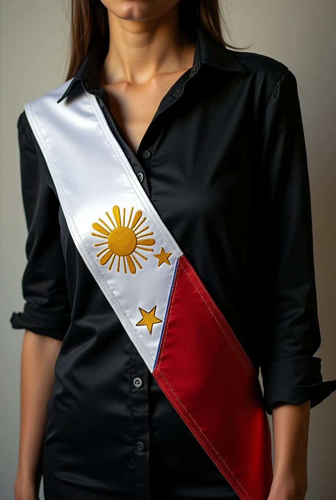 The image shows a black shirt with a white sash draped diagonally across it. The sash features the colors and symbols of the Philippine flag. The upper part of the sash is white with a yellow sun and three stars, and the lower part hans red and blue section.