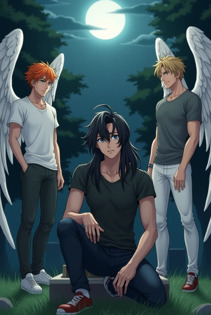 In the middle is a guy with long black hair, gray eyes, Beautiful face, beautiful body, black T-shirt, black trousers, sadly, sitting in a graveyard in front of a headstone. There is a guy sitting on the right, blond, Beautiful, Pumped up body, in a gray shirt and white pants with large angel wings and brown eyes. On the left sits a guy with orange hair, in a white T-shirt and dark gray pants, Blue eyes, Large angel wings. anime art, masterpiece, realistically, super detail, Hand detailing, Detailing of faces