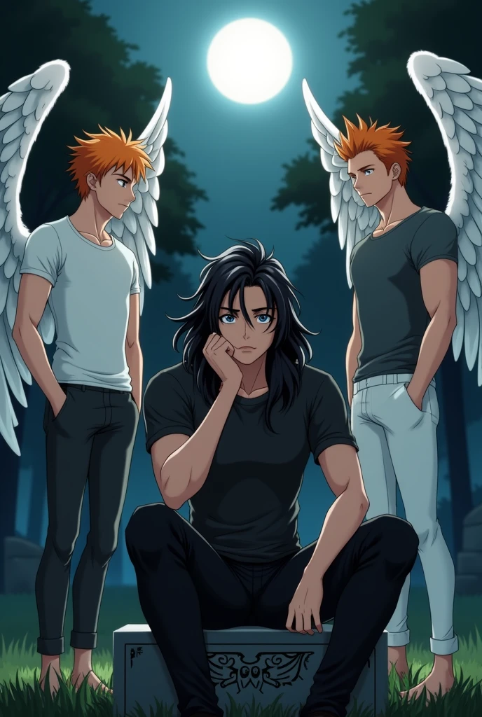 In the middle is a guy with long black hair, gray eyes, Beautiful face, beautiful body, black T-shirt, black trousers, sadly, sitting in a graveyard in front of a headstone. There is a guy sitting on the right, blond, Beautiful, Pumped up body, in a gray shirt and white pants with large angel wings and brown eyes. On the left sits a guy with orange hair, in a white T-shirt and dark gray pants, Blue eyes, Large angel wings. anime art, masterpiece, realistically, super detail, Hand detailing, Detailing of faces