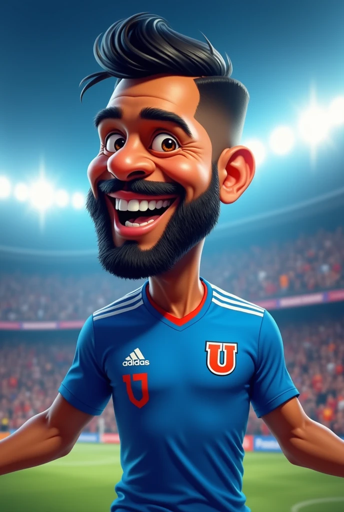 37 year old man, brown skin, trimmed black beard, short black hair, Brown eyes, average physique, blue soccer jersey, with a large red U with a white border on the upper left side of the jersey, Adidas logo in white on the upper right side of the jersey, shouting goal, caricature style, Love