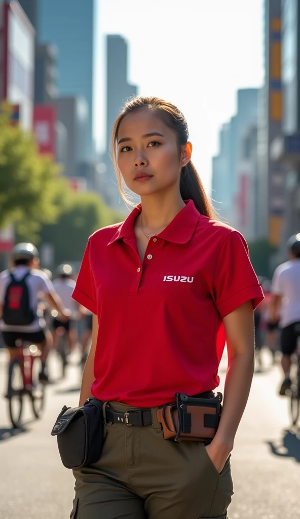 
A photo of a female delivery worker wearing a red shirt with an Isuzu logo on the right side of the shirt.