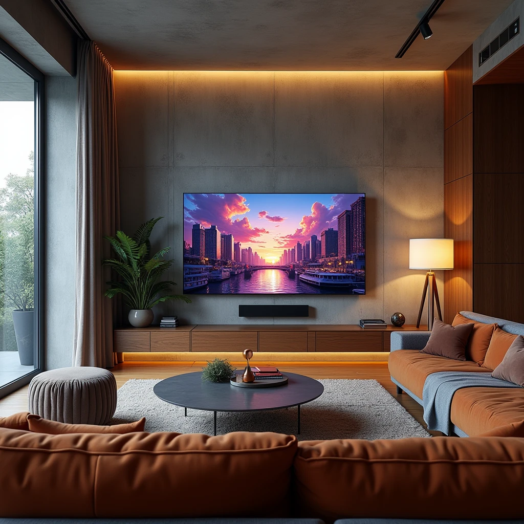 Stylish interior design、Anime on a TV screen、concrete