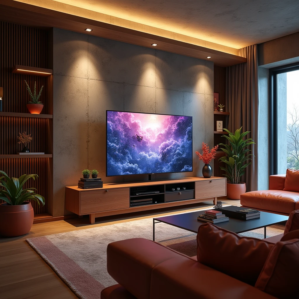 Stylish interior design、Anime on a TV screen、concrete