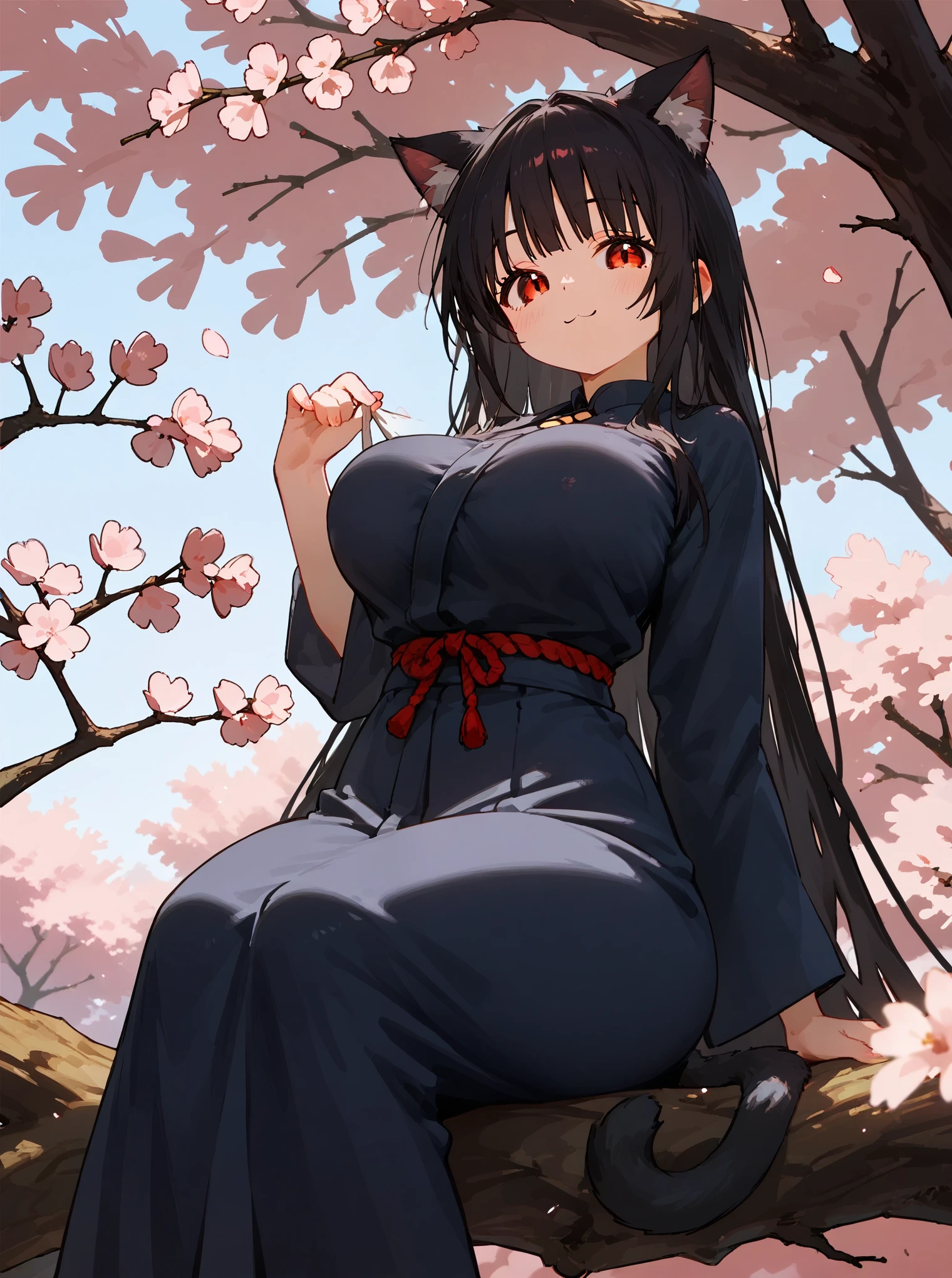 ((junkotvvxl, long hair, dark hair, Bunches , cat ears, red eyes,  (big breasts))) score 9, score 8 up, score 7 up, rating questionable,
detailed background,
junkotvvxl,
wide hips, shiny skin, 
tree, sitting on branch,  open eyes, smile, cherry blossom, looking at viewer, light blush, Kunoichi