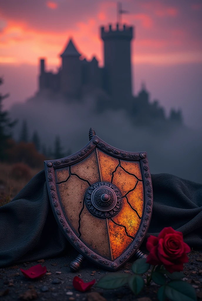 bottom: A twilight medieval scene, with a ruined castle on the horizon, partially covered by fog. The sky has purple and reddish tones, suggesting a mixture of melancholy and hope.
Central Element: A broken heart, represented by a broken medieval shield, placed in the center of the cover. The shield is decorated with ancient details and fractures that emit a faint golden glow.
Additional Details:
On the left, a pair of crossed swords on a background of shadows representing struggle and conflict.
On the right, a withered rose, symbolizing lost love, with drooping petals.
