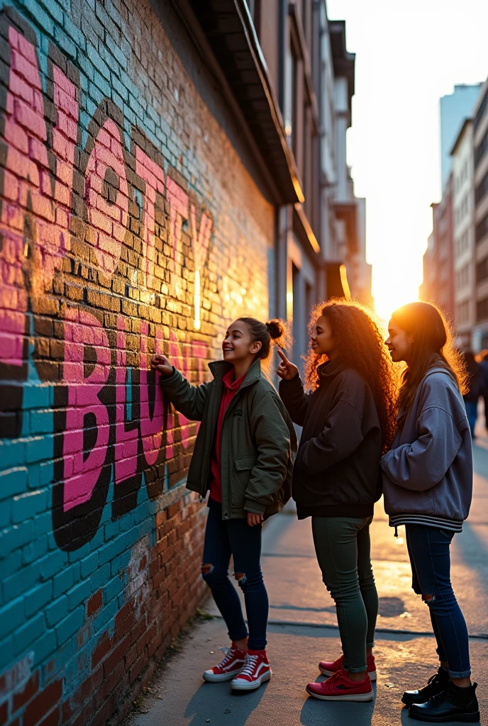 Write NOTTY BLUNT on the brick wall Street with some girls pointing at it