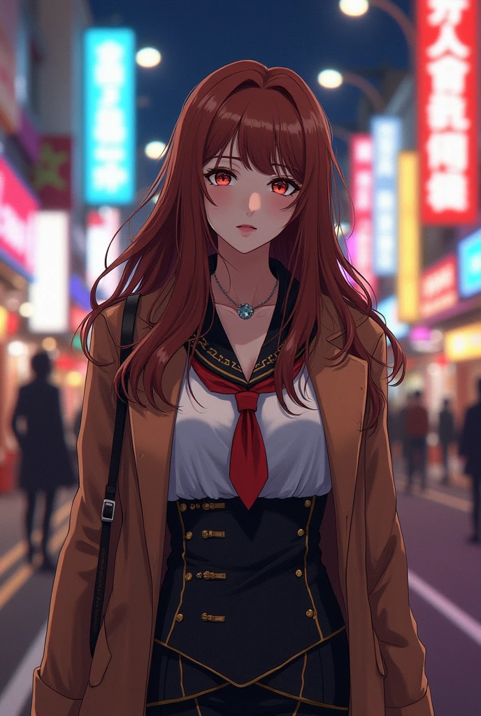 White woman with brown hair in a brown coat and anime uniform 