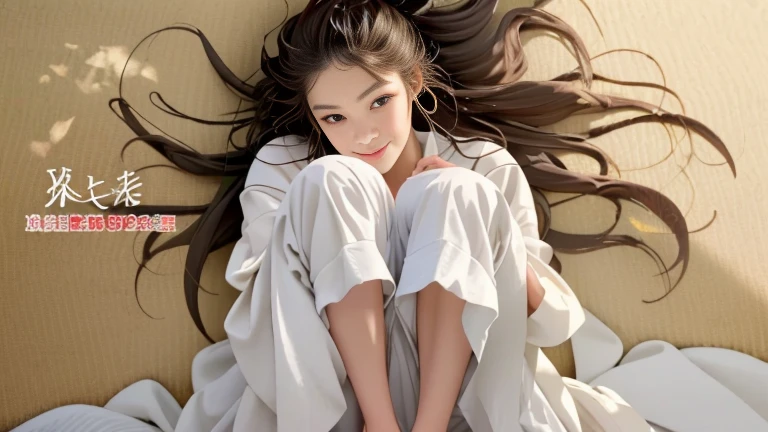 ((Highest quality)), ((Very detailed)), masterpiece, Very detailed顔, Beautiful Face, (Detailed eyes, Deep Eyes), (One person), wariza, From above, Down blouse, whole body, Place your hands between your legs, 遊び心のあるsmile,((best quality)), ((masterpiece)), (detailed), 1girl, sexly,smile, Mouth wide open、Natural Makeup, String, G-string, Sunburn, I'm sweating a lot, Very wet body,Glossy Skin, Oily skin, ((Looking Up、Praying on my knees、真From above、頭From above、A view that shows the top of the head and the hips clearly.、Close-up of a beautiful face))、((((wariza, from above)))),Curvy Hips,