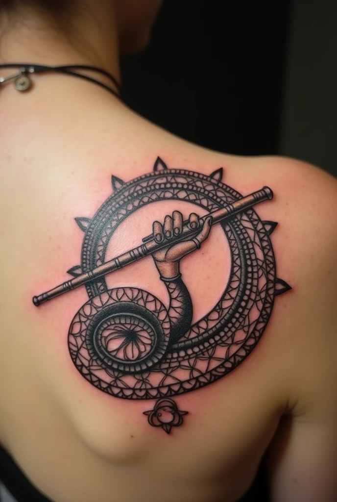 Act as a tattoo artist and draw a Krishna's flute wrapping around the collar bone like a snake is wrapped around a tree.
Consider below points.
1. Tattoo must be on the right collar bone.
2. Size of tattoo should not be more than 4 inches.
3. Only krishna's finger and flute should be there no other stuff must be persent.
4. Generate the tattoo like a flute is wrapped in the round shape to the collar bone like a snake.
Analyse above points properly and generate accordingly to the best of your knowledge and intelligence.