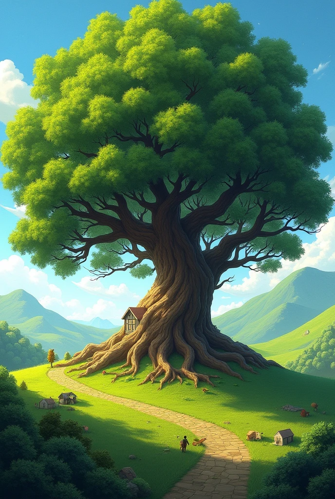 In a small village surrounded by green hills, there was a beautiful oak tree known as the Enchanted Oak. The tree was ancient and tall, with branches that seemed to touch the sky