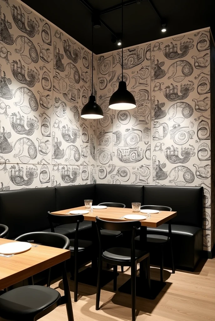 A super simple 300 square feet rectangular restaurant with black and white theme and the walls have wallpaper with black and white doodles drawn on them similar to the doodles of the youtuber “Mr. Doodle”