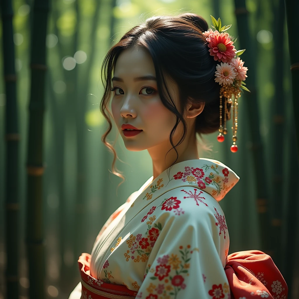 A beautiful young woman wearing a traditional Japanese kimono、bamboo forest、Exquisite Japanese ink painting、Cinematic lighting、Dramatic Shadows、Calm colors、Atmospheric、Calm and、Silence、Photorealistic、8k、Very sophisticated、masterpiece