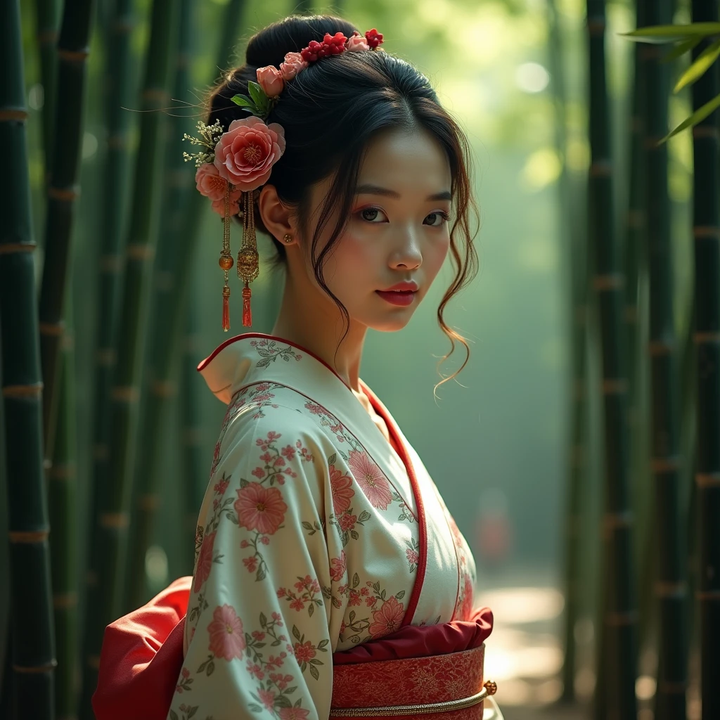 A beautiful young woman wearing a traditional Japanese kimono、bamboo forest、Exquisite Japanese ink painting、Cinematic lighting、Dramatic Shadows、Calm colors、Atmospheric、Calm and、Silence、Photorealistic、8k、Very sophisticated、masterpiece