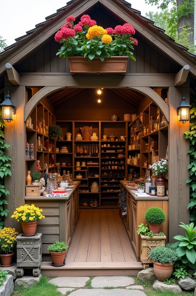 A small artisan shop with storage and display spaces