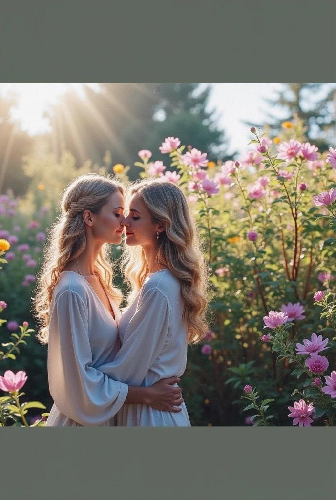 A mother with her daughter beside flowers, her skin is beautiful and silky, princess face, but keep the originality of the image without much alteration.