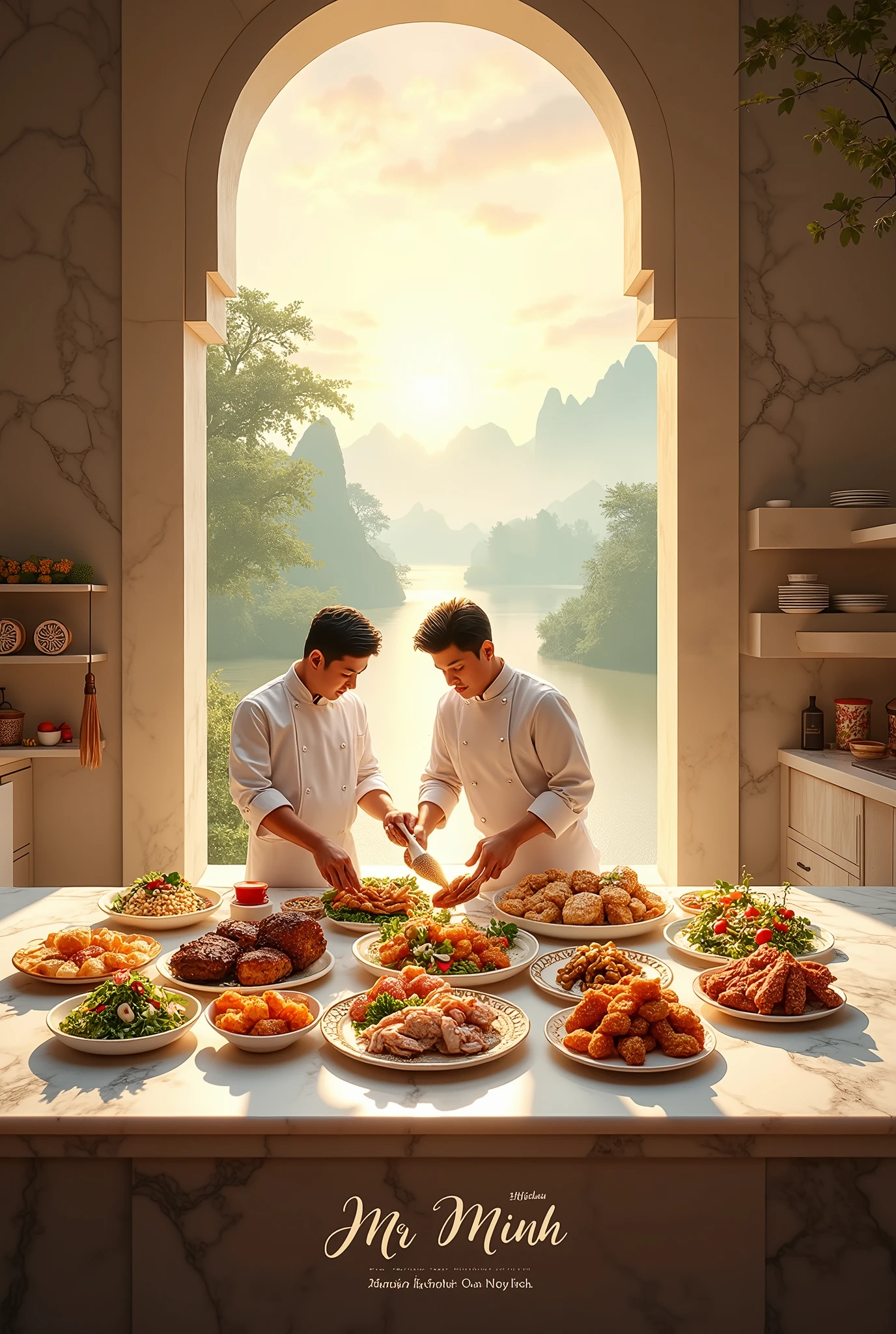 A luxurious and visually stunning cover for the spiritual cookbook "Cong Thuc Nau An Viet Nam" by Mr Minh. Thedesign portrays a divine, well-lit kitchen with a grand marble island and pristine white countertops. Two skilled chefs are diligently preparing a variety of mouthwatering dishes, such as roasted meats, fresh seafood, vibrant salads, and alluring pastries. The beautifully arranged food exudes a tantalizing aroma, while the background showcases a serene and heavenly landscape, seamlessly merging earthly delights with spiritual sustenance. The author's name is prominently displayed at the bottom, and the title is written in an elegant, cursive script, encapsulating the essence of a harmonious and fulfilling life.