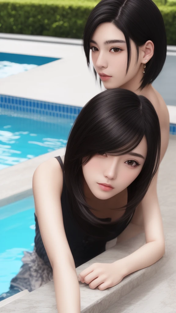 masterpiece, high quality,Home, Pool,flower j_game_background、Black Hair、Center Part、Man wearing a rider&#39;s jacket