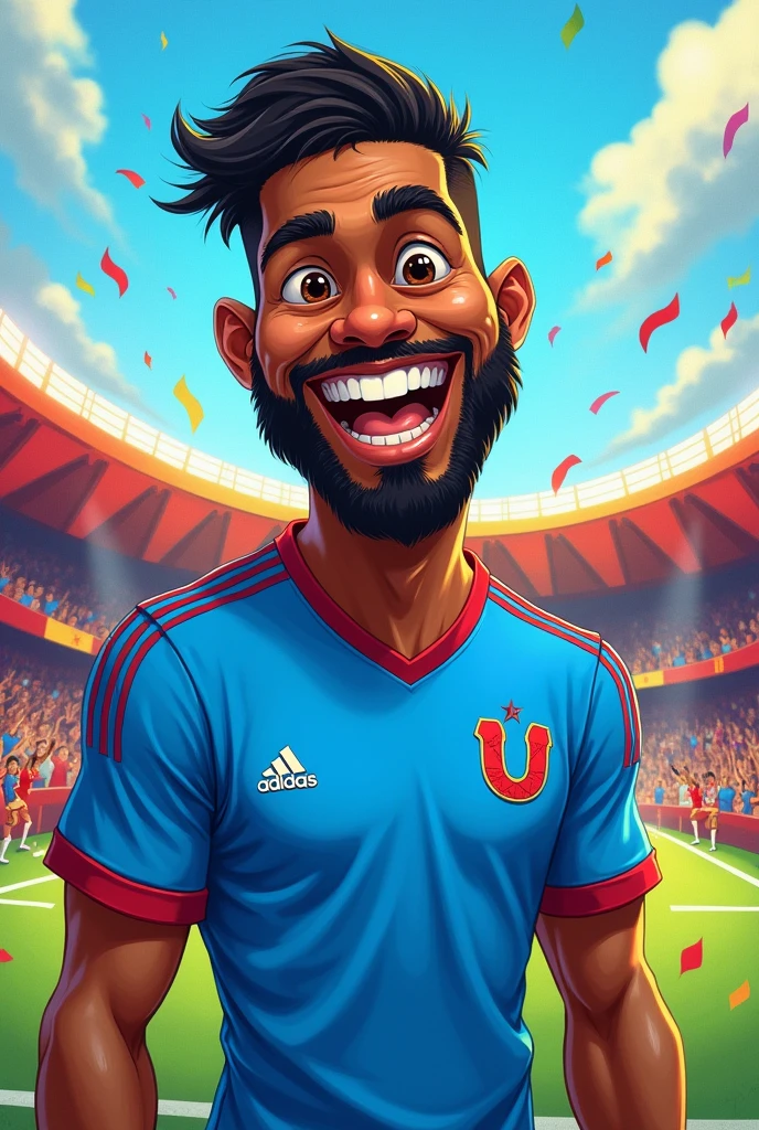37 year old man, brown skin, trimmed black beard, short black hair, Brown eyes, average physique, blue soccer jersey, with a large red U with a white border on the upper left side of the jersey, Adidas logo in white on the upper right side of the jersey, shouting goal, caricature style, Love