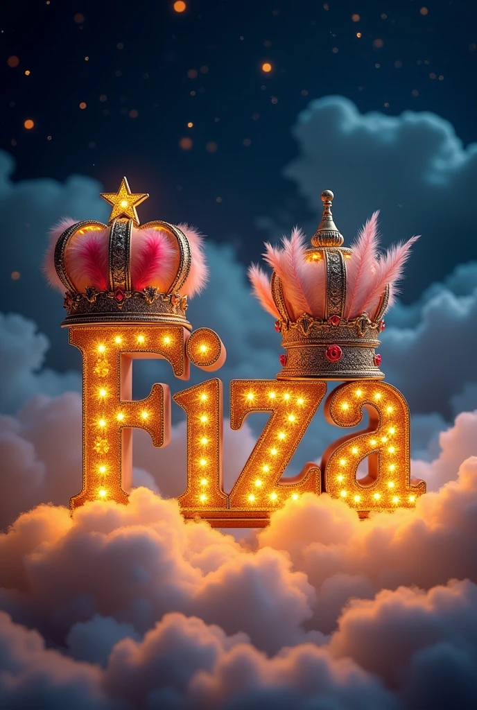 Aliyan and  fiza écrit de grande taille en or inclure une couronne embellir par des plumes et des étoiles
