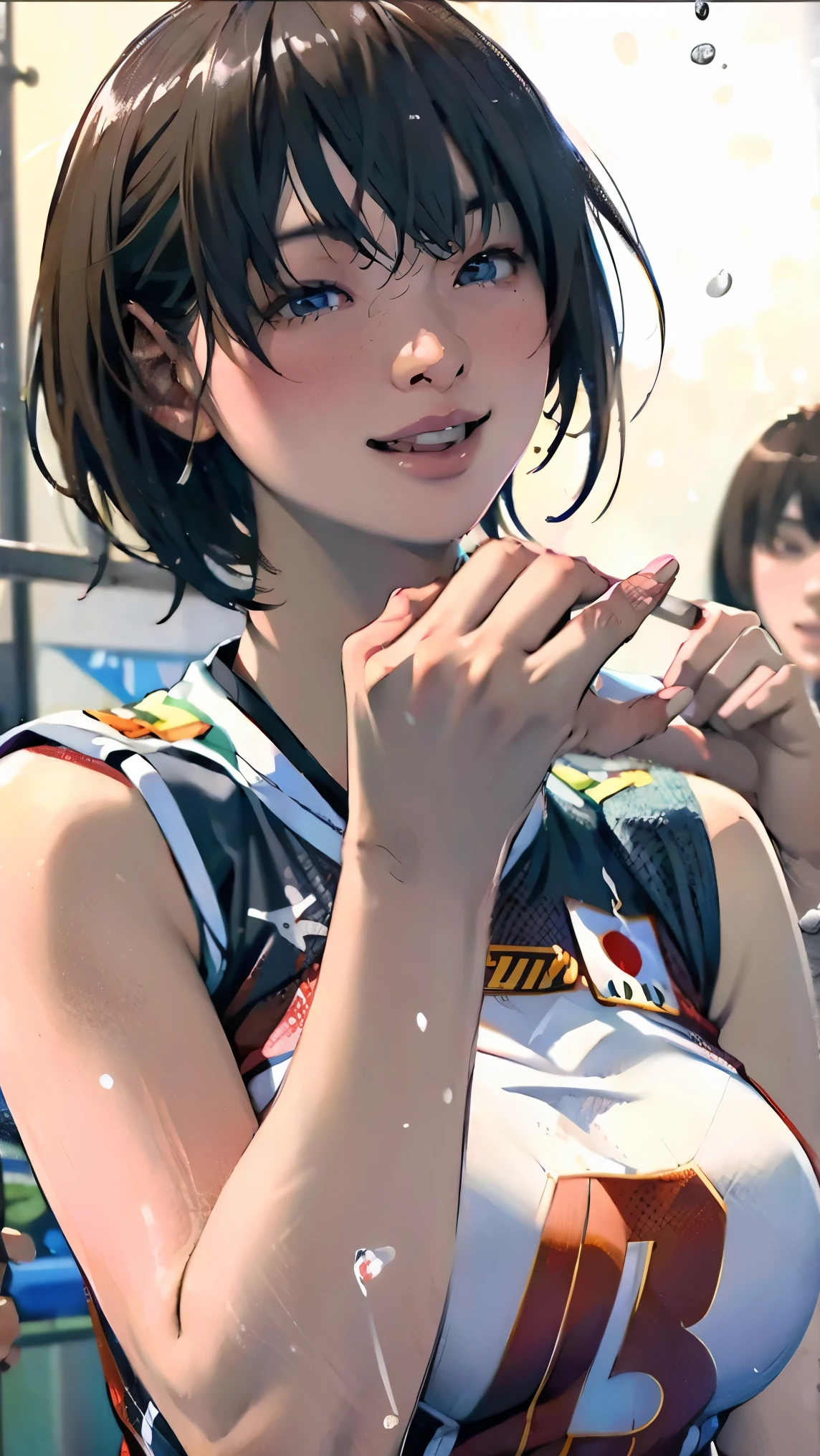perfection、masterpiece、(Highest quality、High resolution:1.2)、 1 person、Beautifully detailed eyes、Beautifully detailed lips、Highly detailed eyes and face、media: oil、Bright colors、HDR、Studio Lighting、Ultra-fine painting、Sharp focus、Physically Based Rendering、Extremely detailed depiction、Moderate bust、perfectionな形、Facing the viewer、Sweat、smile、Volleyball Player、((Sleeveless Japanese national volleyball uniform))