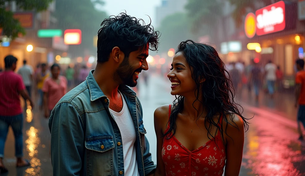 “Create a vibrant and joyful scene of a 27-year-old South Indian man, Raj, and a 25-year-old stylish North Indian woman, Priya, getting caught in a sudden Mumbai downpour. Instead of running for cover, they are embracing the rain with laughter and playful splashes in the puddles. Raj, dressed casually, and Priya, in her stylish modern attire, are both drenched but carefree, enjoying the spontaneity of the moment.
Capture the expressions on their faces—bright smiles, eyes filled with joy, and the spark of their connection. The background should show the lively streets of Mumbai, glistening under the rain with reflections of city lights on the wet pavement. The rain should be heavy yet refreshing, with droplets clearly visible, creating a dynamic and energetic atmosphere. Emphasize the contrast between the bustling city and the intimate, playful moment they share, highlighting the warmth of their bond in the midst of the rainy chaos.”"Realistic, intricate details, vibrant colours.