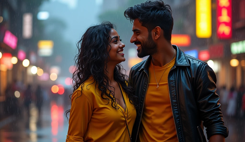 “Create a vibrant and joyful scene of a 27-year-old South Indian man, Raj, and a 25-year-old stylish North Indian woman, Priya, getting caught in a sudden Mumbai downpour. Instead of running for cover, they are embracing the rain with laughter and playful splashes in the puddles. Raj, dressed casually, and Priya, in her stylish modern attire, are both drenched but carefree, enjoying the spontaneity of the moment.
Capture the expressions on their faces—bright smiles, eyes filled with joy, and the spark of their connection. The background should show the lively streets of Mumbai, glistening under the rain with reflections of city lights on the wet pavement. The rain should be heavy yet refreshing, with droplets clearly visible, creating a dynamic and energetic atmosphere. Emphasize the contrast between the bustling city and the intimate, playful moment they share, highlighting the warmth of their bond in the midst of the rainy chaos.”"Realistic, intricate details, vibrant colours.