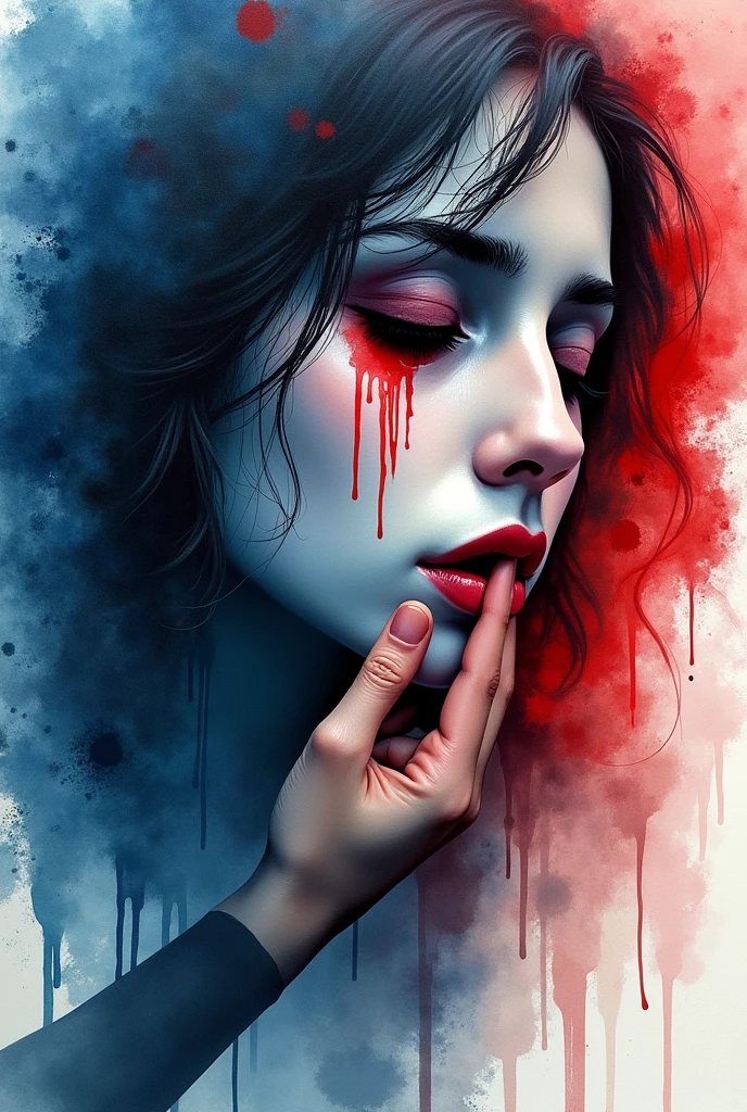 Water color abstract painting of a woman face crying blood. Someone stoping her from takling