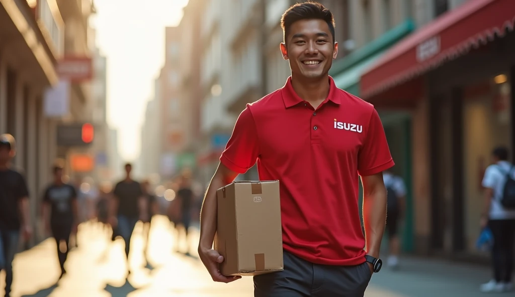 Picture of a delivery man wearing a red shirt with the Isuzu LOGO on the right outside the shirt. He must be a man.
