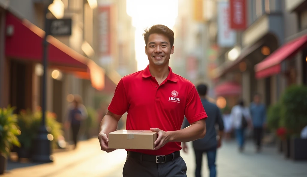 Picture of a delivery man wearing a red shirt with the Isuzu LOGO on the right outside the shirt. He must be a man.