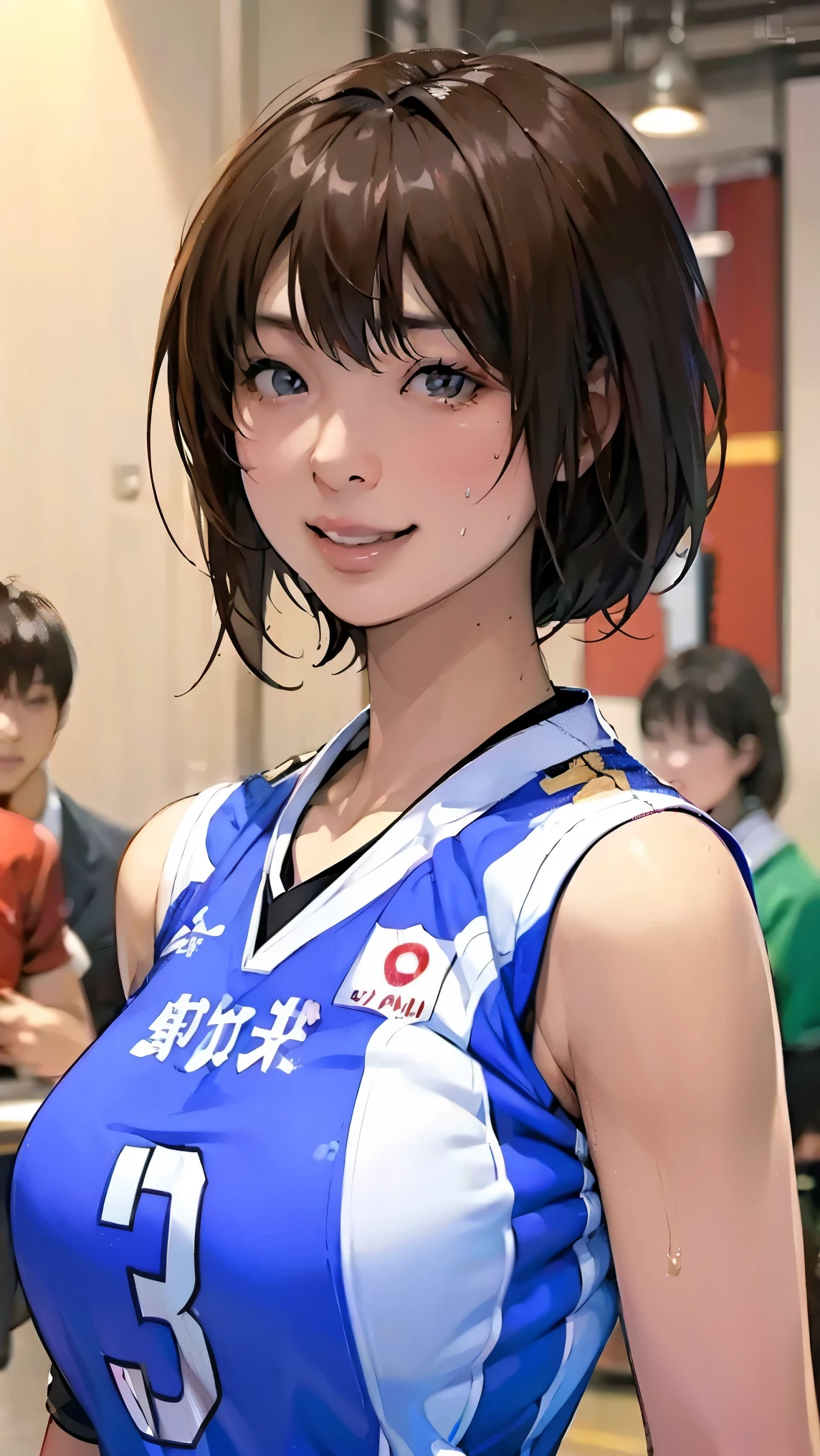 perfection、masterpiece、(Highest quality、High resolution:1.2)、 1 person、Beautifully detailed eyes、Beautifully detailed lips、Highly detailed eyes and face、media: oil、Bright colors、HDR、Studio Lighting、Ultra-fine painting、Sharp focus、Physically Based Rendering、Extremely detailed depiction、Moderate bust、perfectionな形、Facing the viewer、Sweat、smile、Volleyball Player、((Sleeveless Japanese national volleyball uniform))
