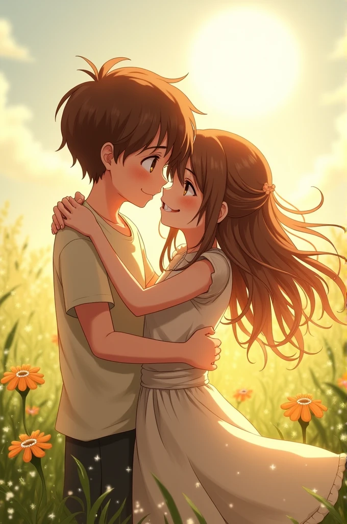 Brown-haired boy hugging a beautiful brown-haired girl with long anime-style bangs standing